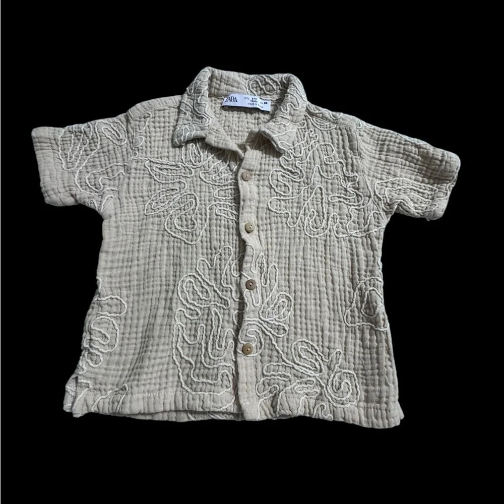 Zara Kids Tan Embroidered Gauze Button-Down Shirt